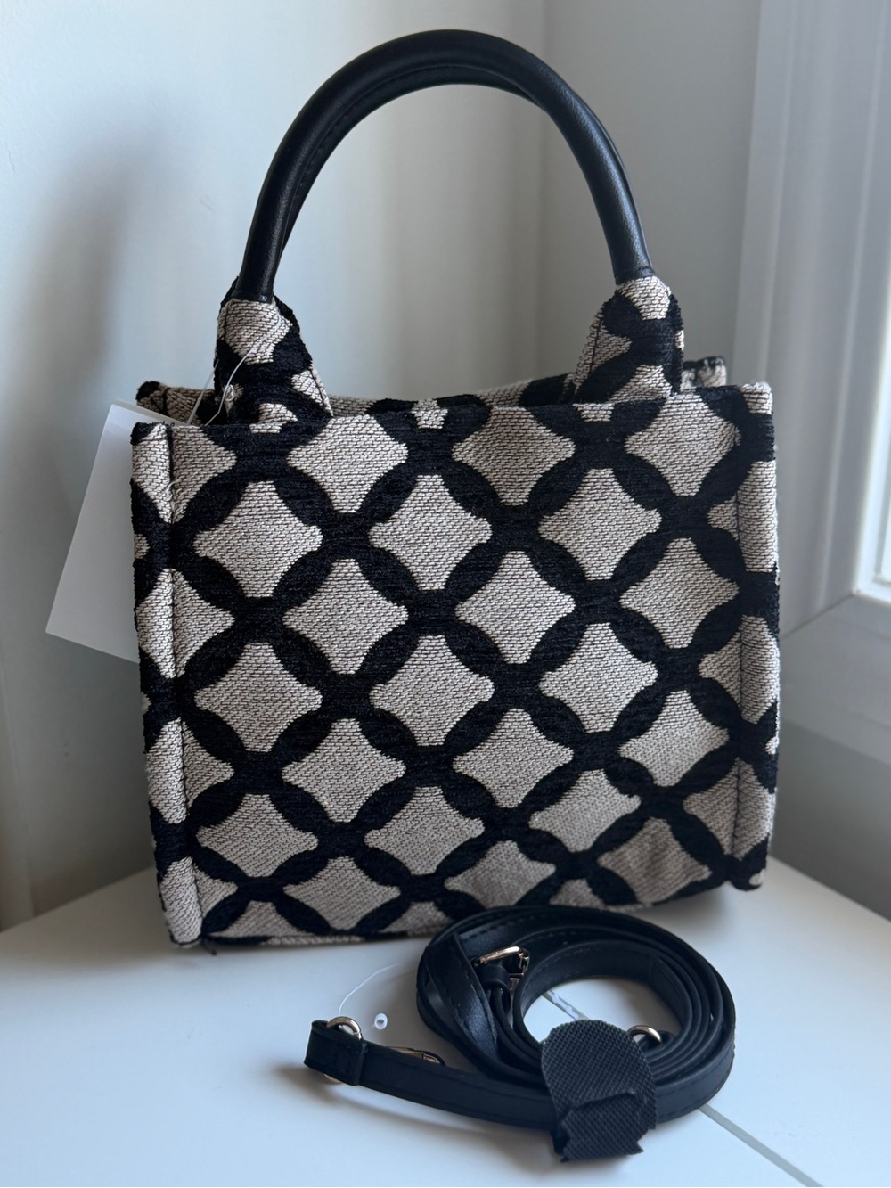 Black & Cream Textured Geometric Mini Tote Bag – NWT
